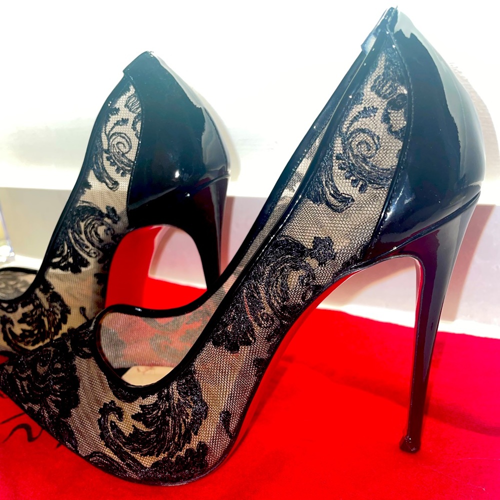 Christian Loubitan Black Floral Embroidered Lace Stilettos - Size 38